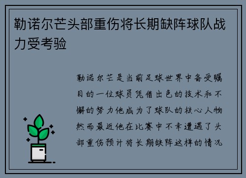 勒诺尔芒头部重伤将长期缺阵球队战力受考验 勒诺尔芒头部重伤将长期缺阵球队战力受考验