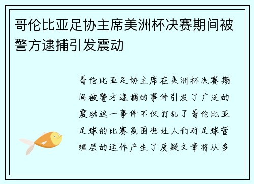 哥伦比亚足协主席美洲杯决赛期间被警方逮捕引发震动